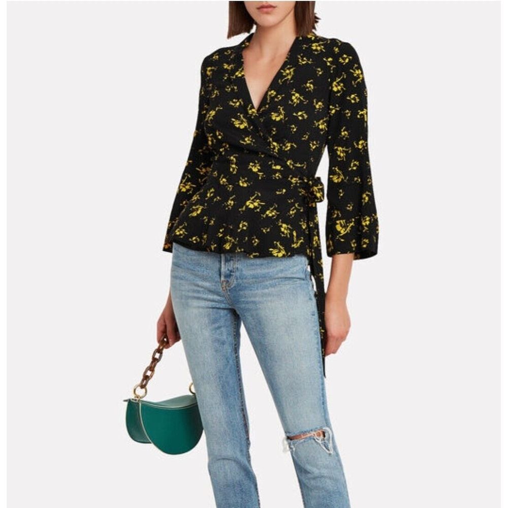Ganni Floral Crepe Wrap Black Yellow Top Blouse 3/4 Sleeve Size 38 Boho Office